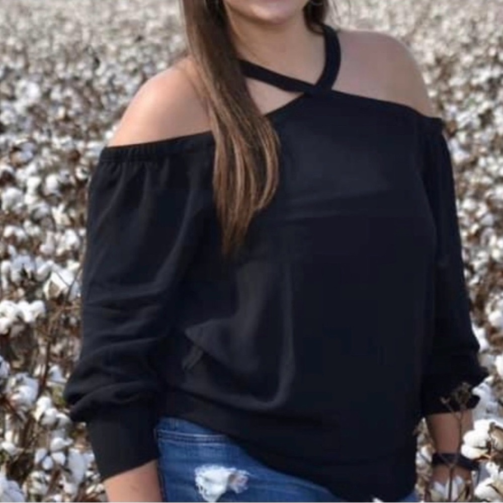 LOFT Black Cold-Shoulder Cross-Neck Top